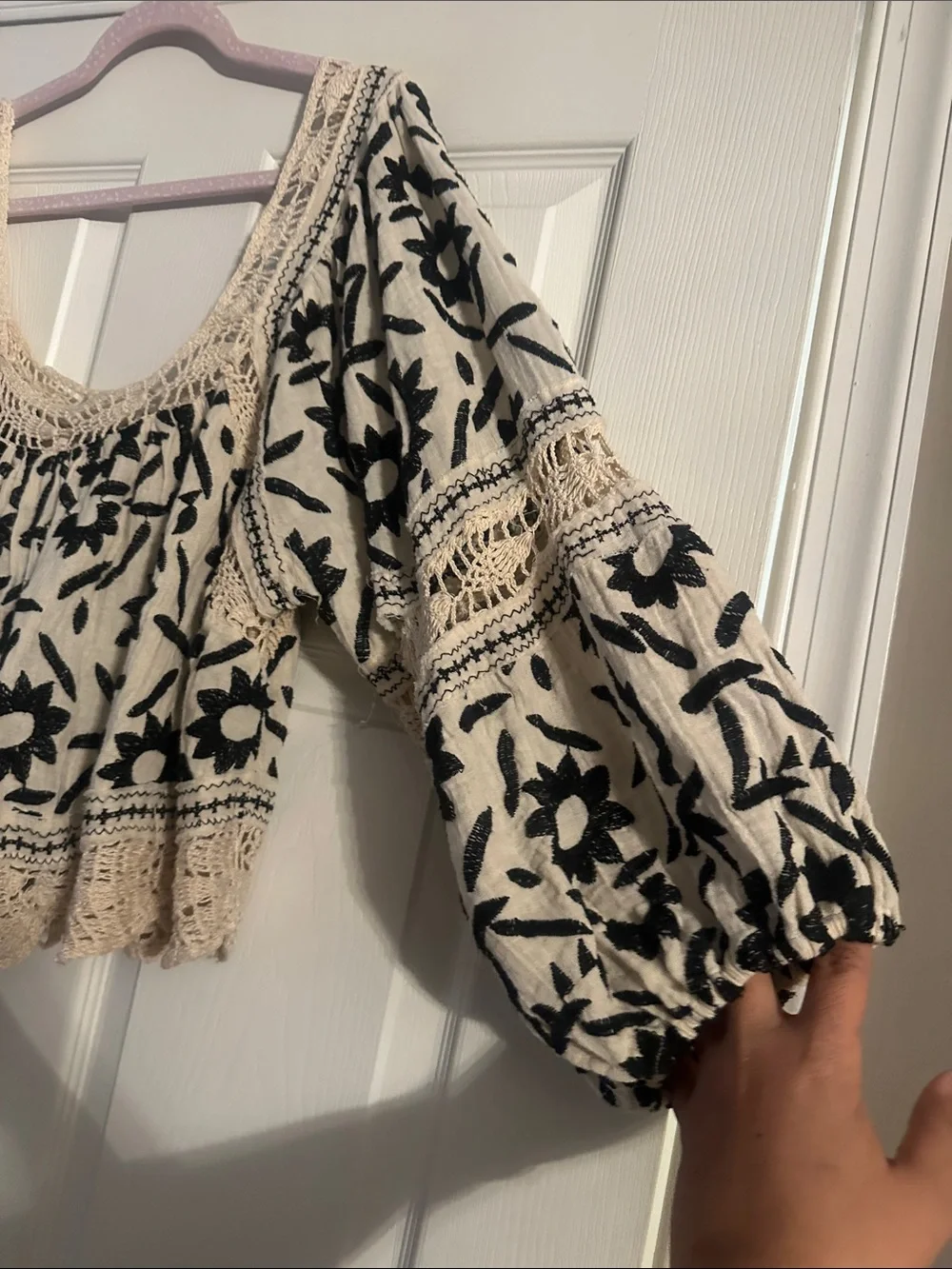 Free People Cream Top with Black Floral Embroidery